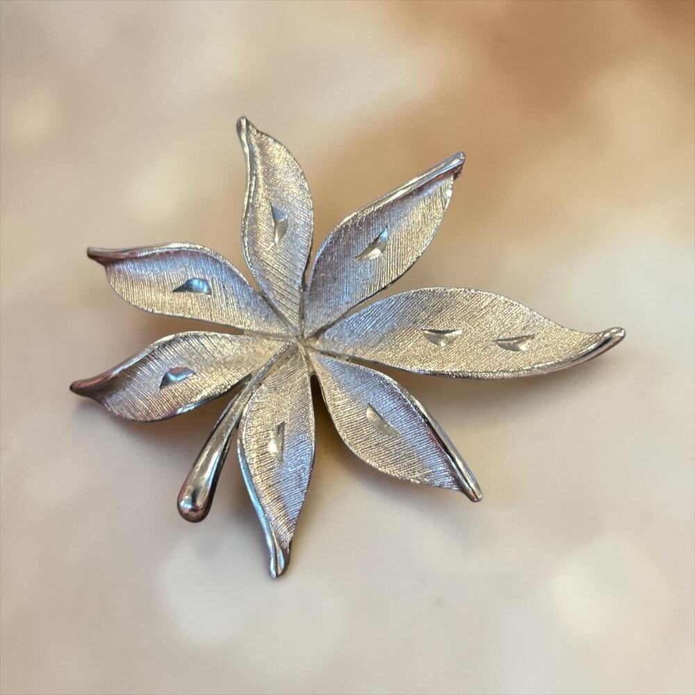 Vintage JJ Silver Leaf Brooch Sculptural Modernist Statement Pin Signed